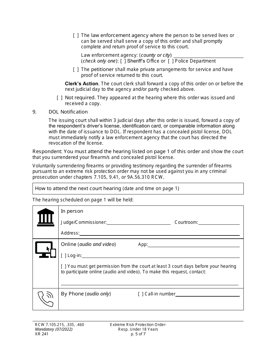 Form XR241 Extreme Risk Protection Order - Respondent Under 18 Years - Washington, Page 5