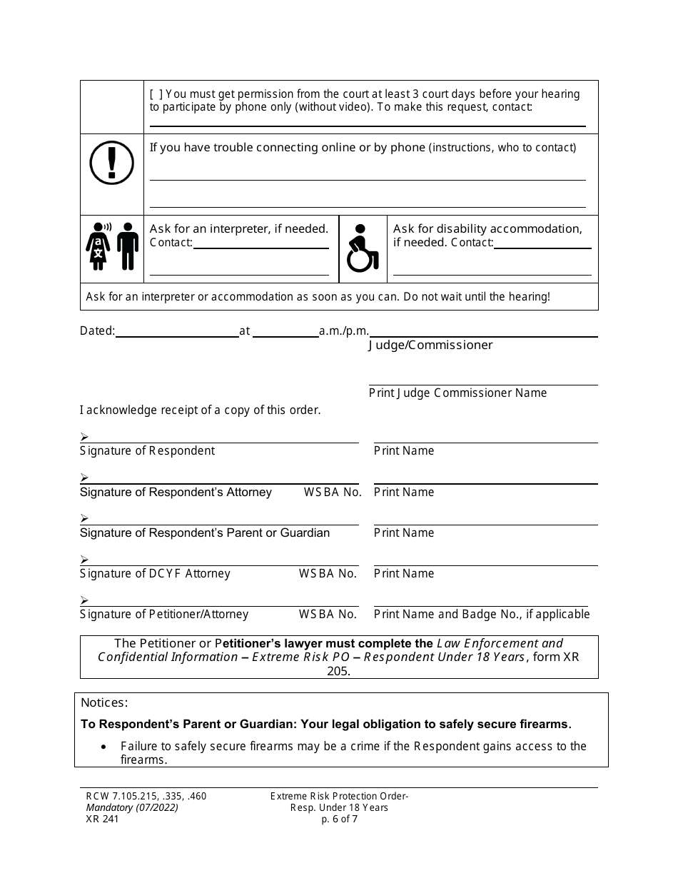 Form XR241 Extreme Risk Protection Order - Respondent Under 18 Years - Washington, Page 6