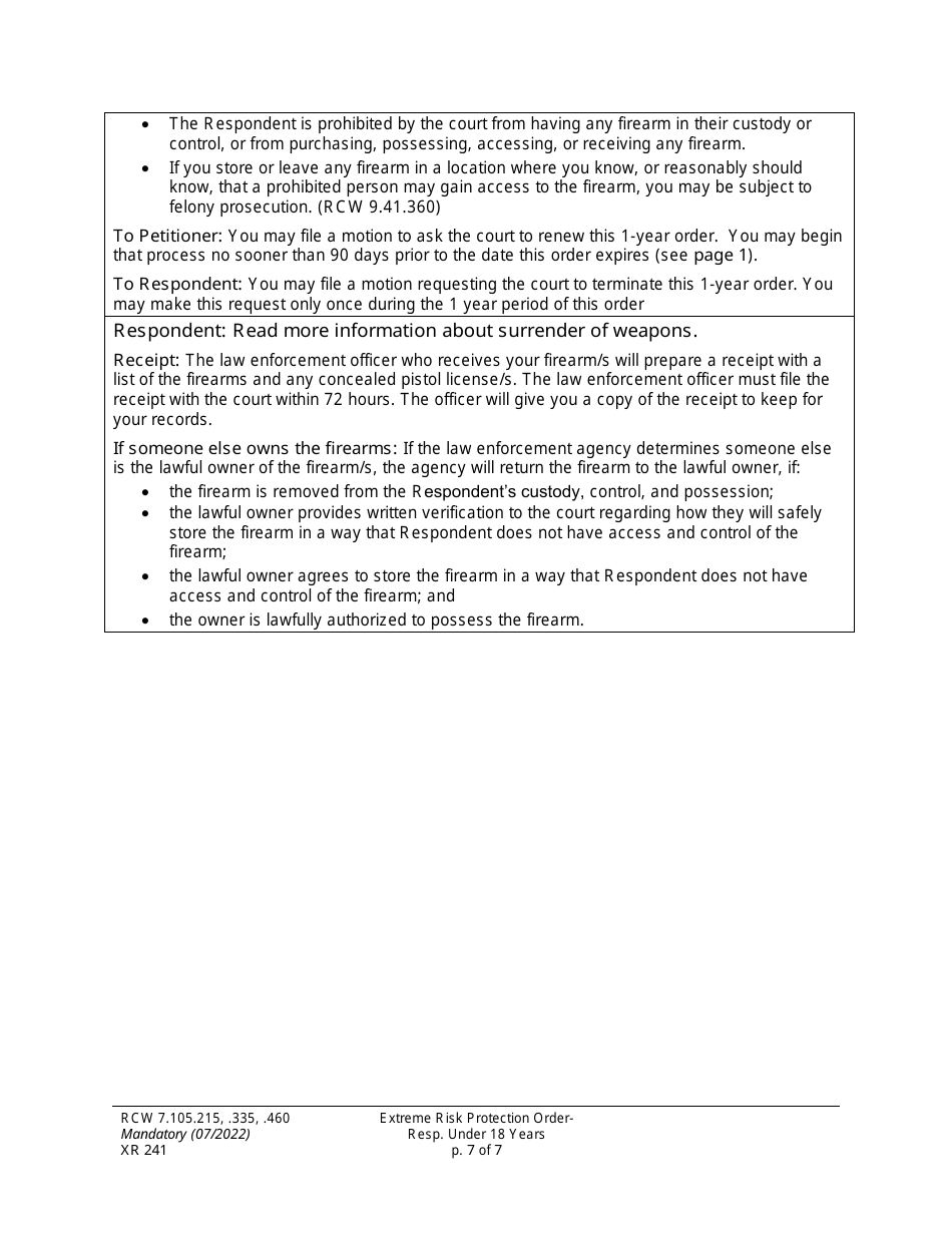 Form XR241 Extreme Risk Protection Order - Respondent Under 18 Years - Washington, Page 7