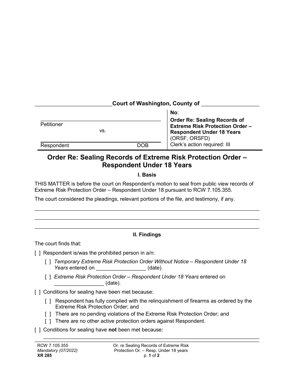 Form XR285 Order Re: Sealing Records of Extreme Risk Protection Order - Respondent Under 18 Years - Washington, Page 1