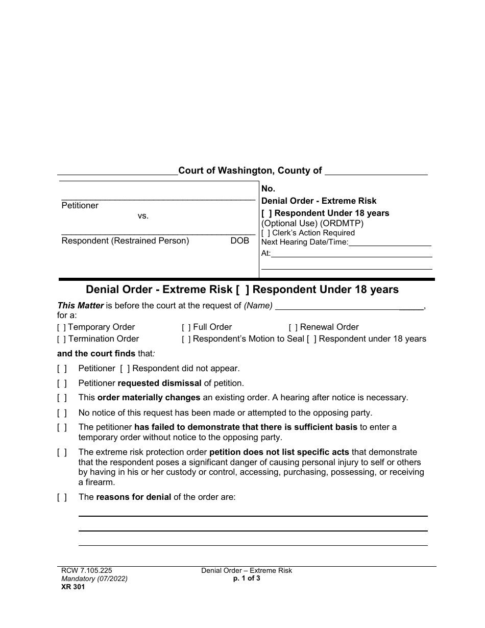 Form XR301 Denial Order - Extreme Risk - Respondent Under 18 Years - Washington, Page 1
