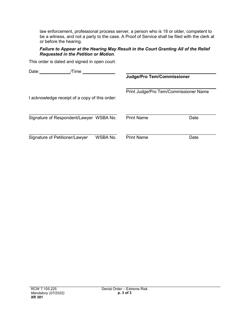 Form XR301 Denial Order - Extreme Risk - Respondent Under 18 Years - Washington, Page 3