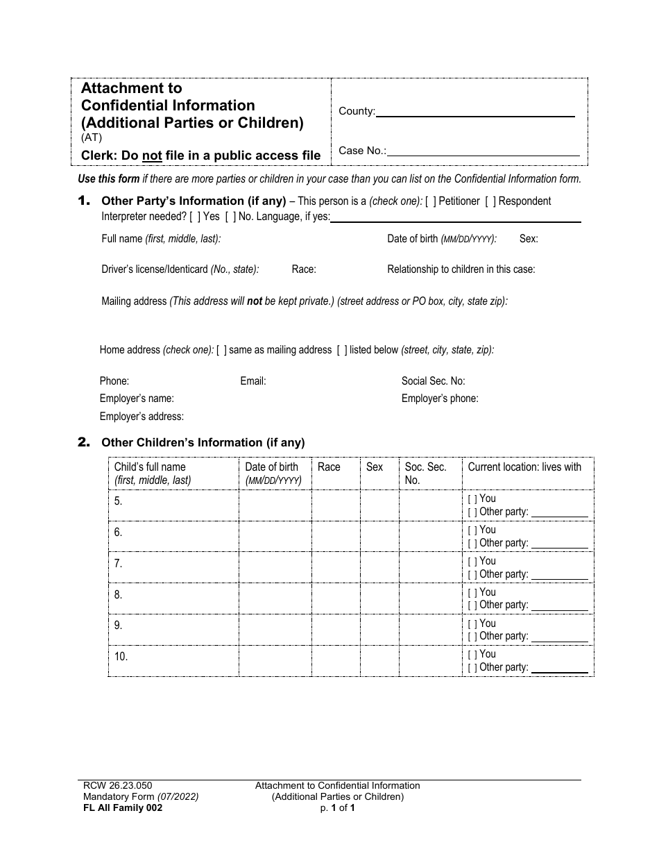 Form FL All Family002 Attachment to Confidential Information (Additional Parties or Children) - Washington, Page 1