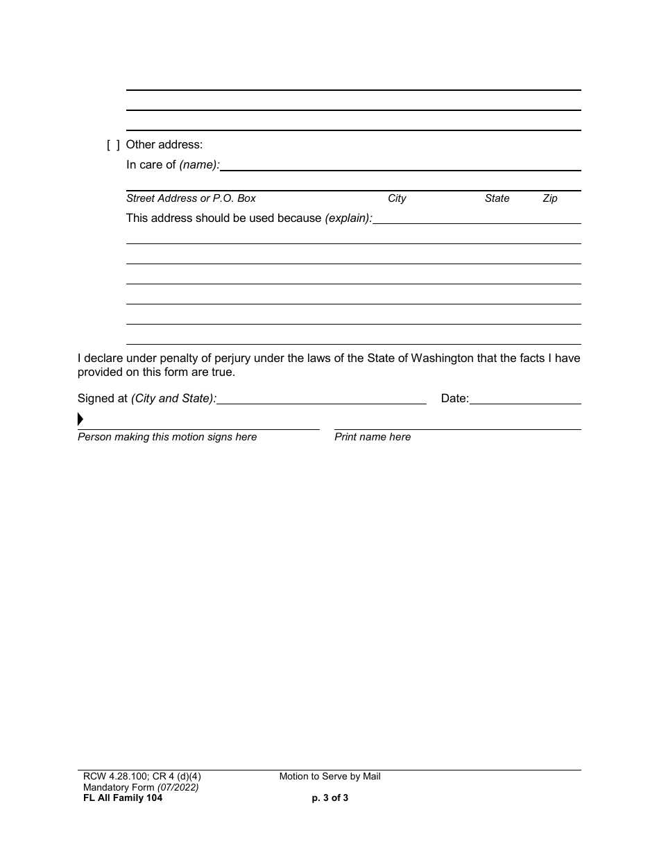 Form FL All Family104 Motion to Serve by Mail - Washington, Page 3