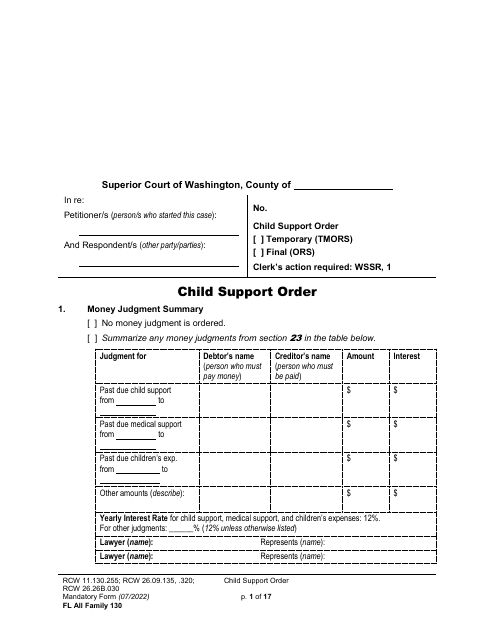 Form FL All Family130 Child Support Order - Washington