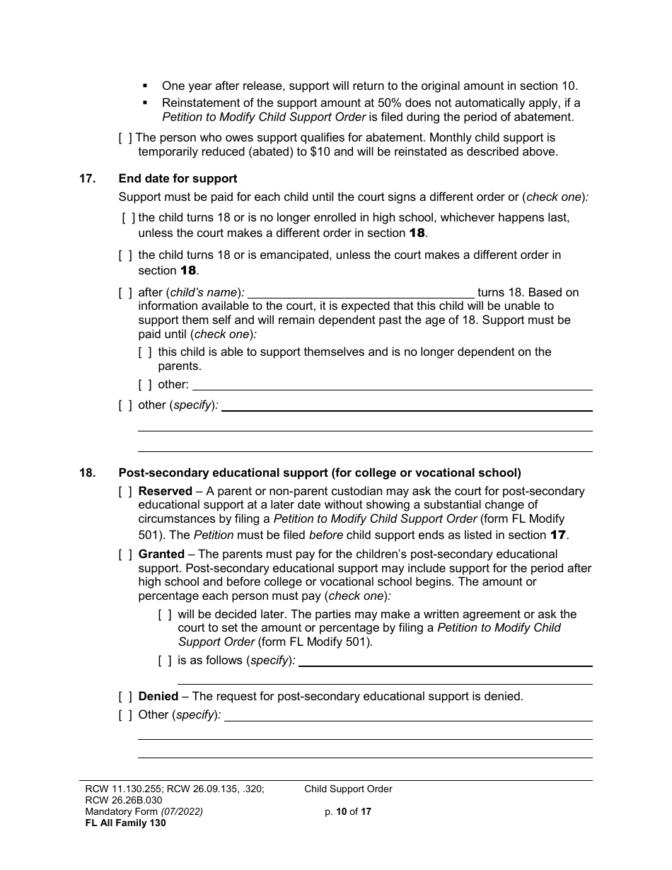 Form FL All Family130 Child Support Order - Washington, Page 10