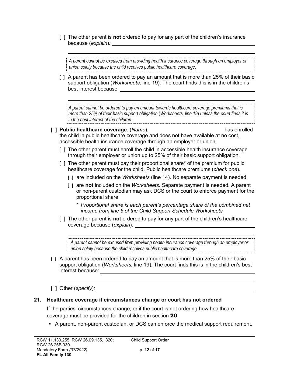 Form FL All Family130 Child Support Order - Washington, Page 12