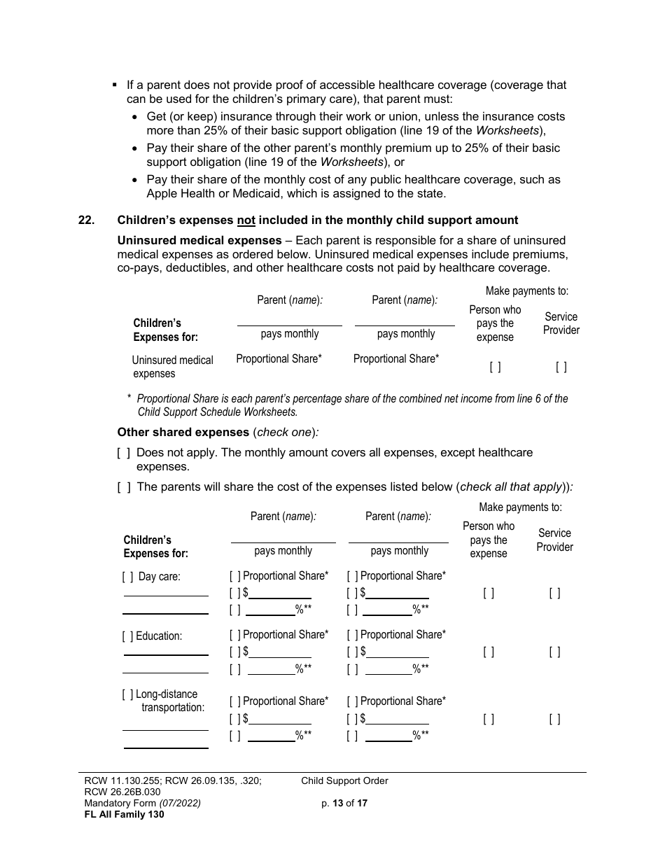 Form FL All Family130 Child Support Order - Washington, Page 13