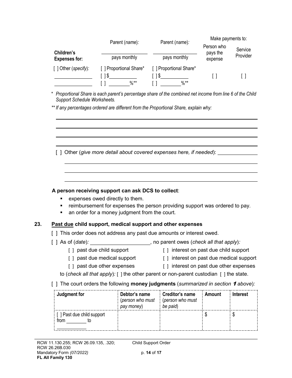 Form FL All Family130 Child Support Order - Washington, Page 14
