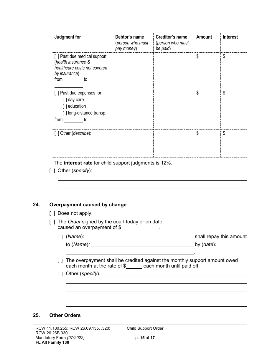 Form FL All Family130 Child Support Order - Washington, Page 15