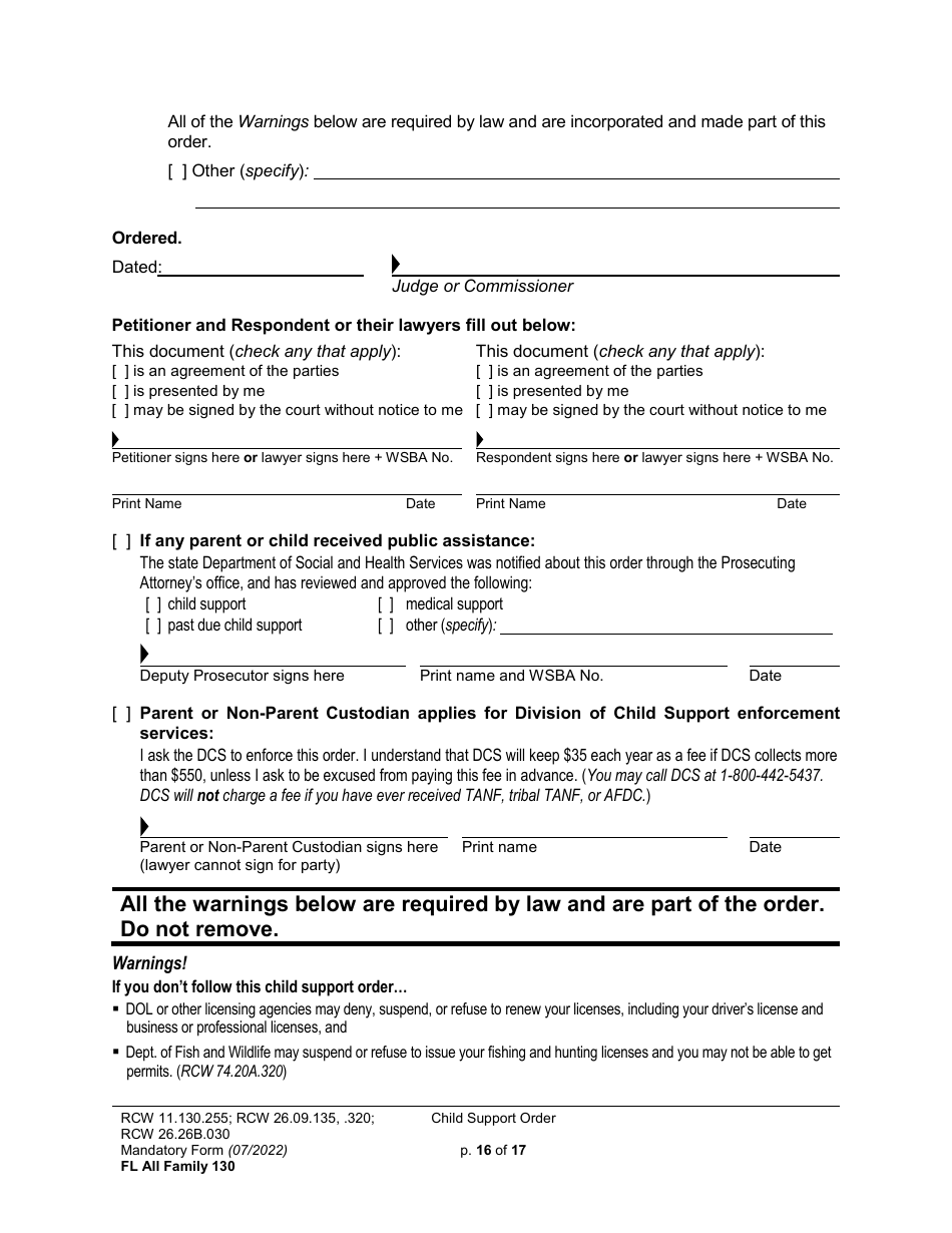 Form FL All Family130 Child Support Order - Washington, Page 16