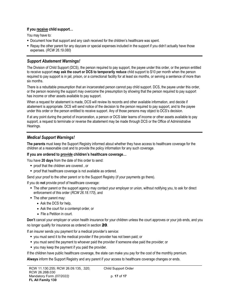 Form FL All Family130 Child Support Order - Washington, Page 17
