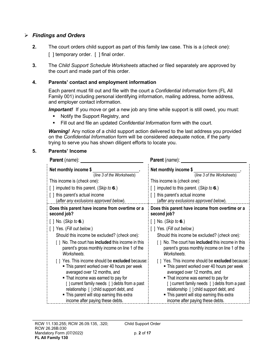 Form FL All Family130 Child Support Order - Washington, Page 2