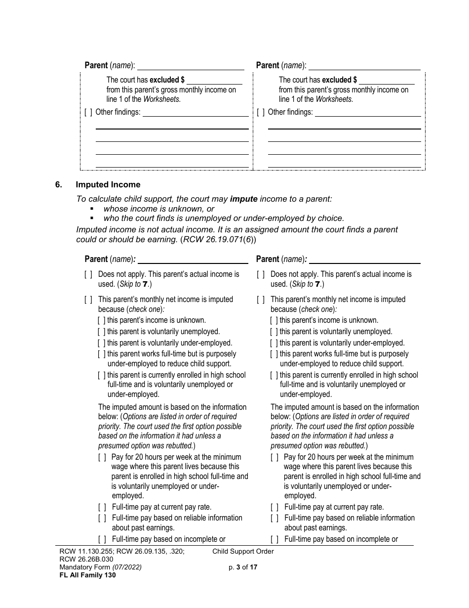 Form FL All Family130 Child Support Order - Washington, Page 3