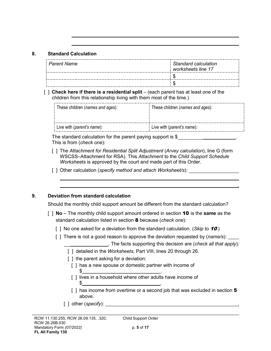 Form FL All Family130 Child Support Order - Washington, Page 5