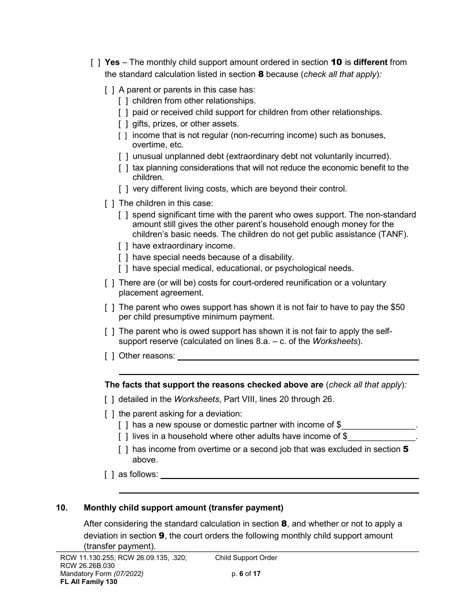Form FL All Family130 Child Support Order - Washington, Page 6