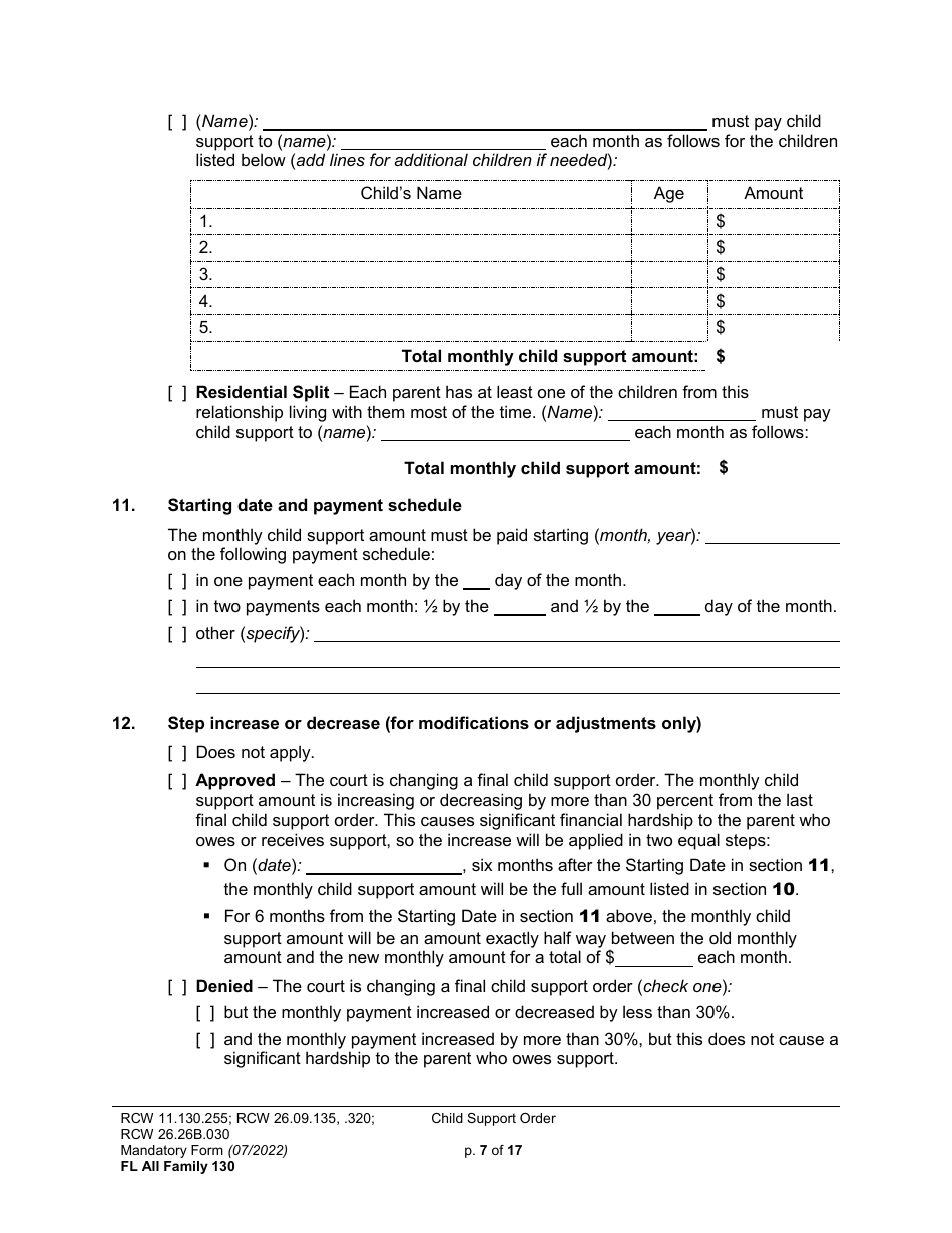Form FL All Family130 Child Support Order - Washington, Page 7