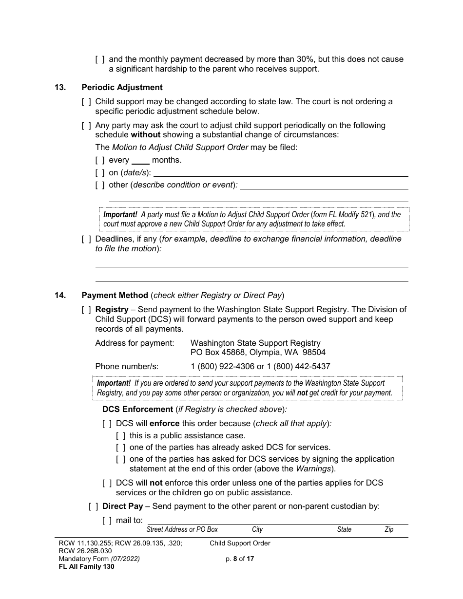 Form FL All Family130 Child Support Order - Washington, Page 8