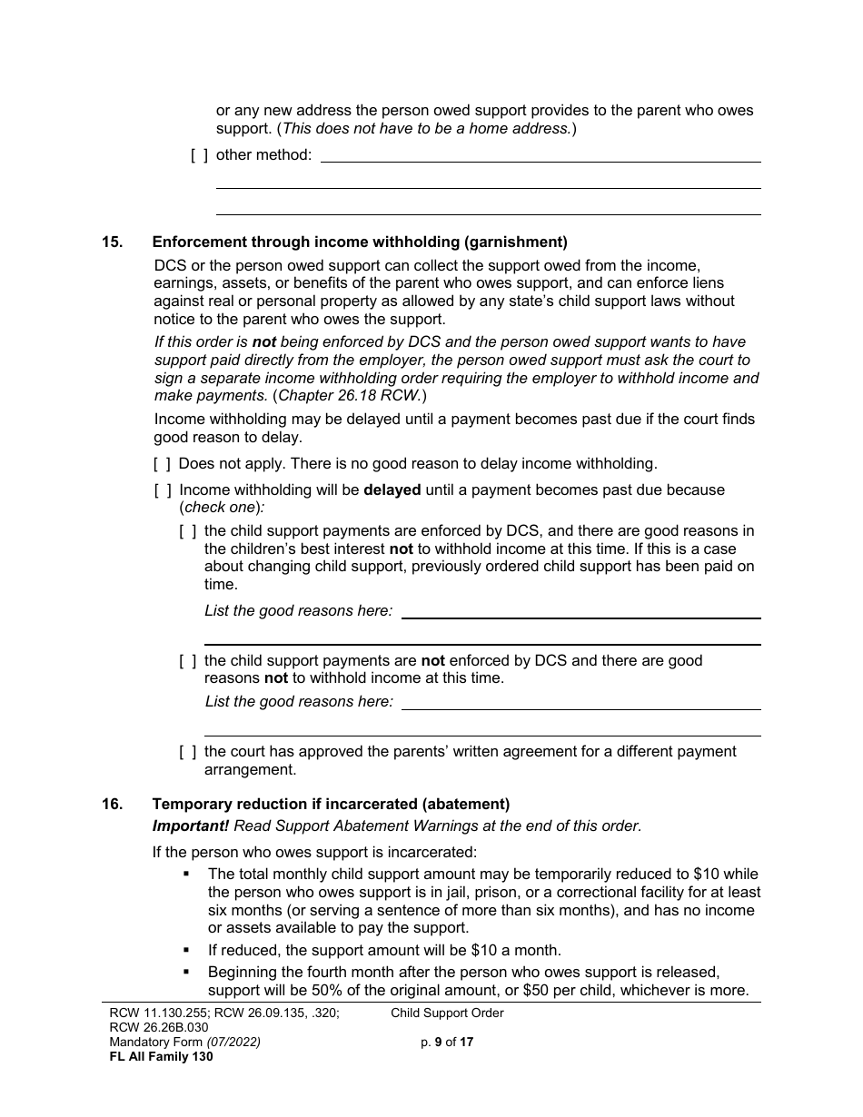 Form FL All Family130 Child Support Order - Washington, Page 9