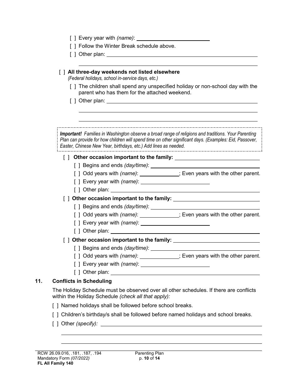 Form FL All Family140 Download Printable PDF or Fill Online Parenting Plan, Washington 2017