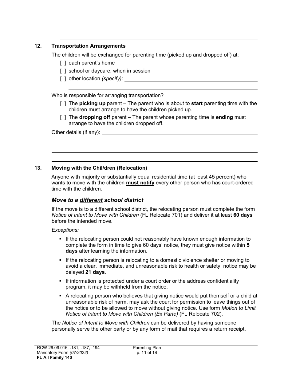 Form FL All Family140 Parenting Plan - Washington, Page 11