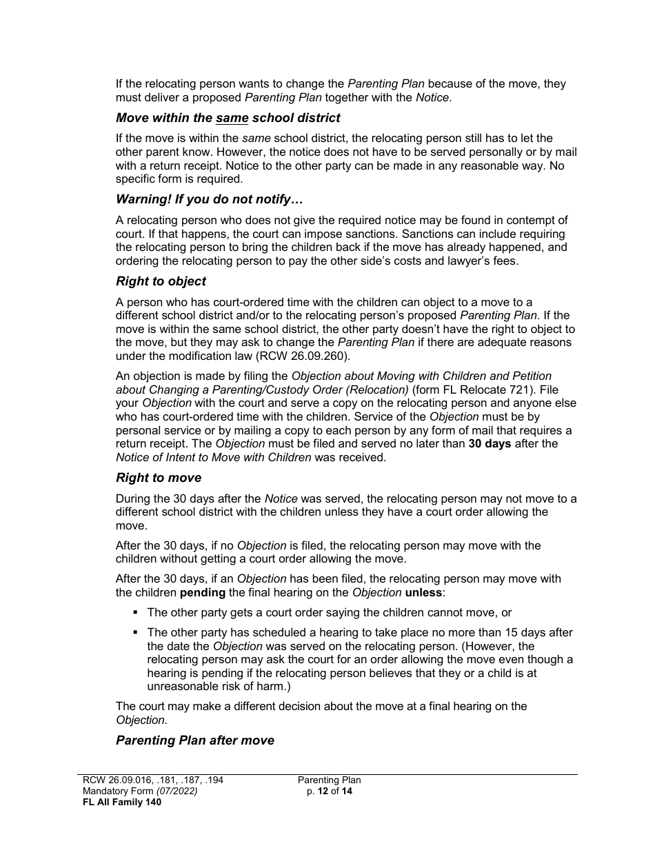 Form FL All Family140 Parenting Plan - Washington, Page 12