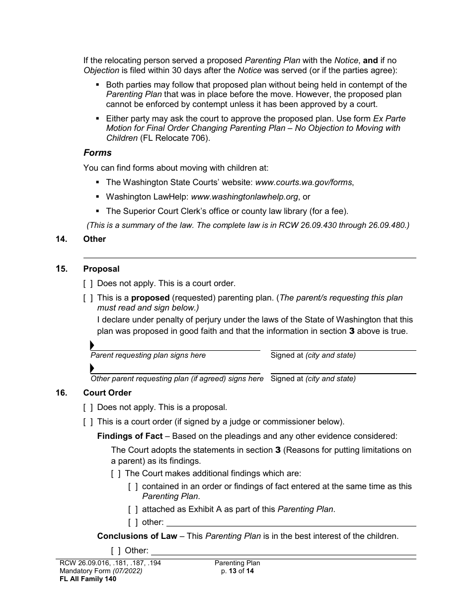 Form FL All Family140 Parenting Plan - Washington, Page 13