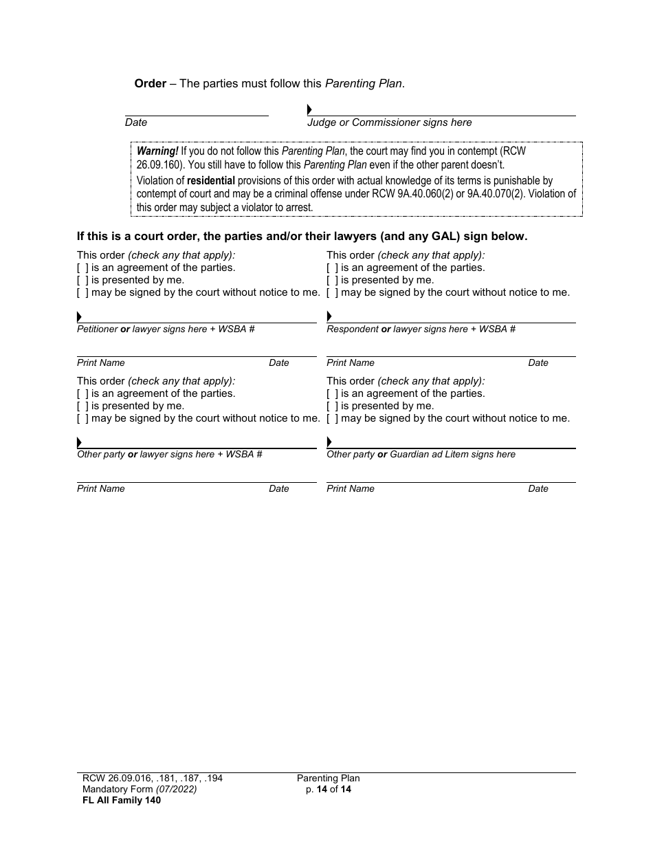 Form FL All Family140 Parenting Plan - Washington, Page 14