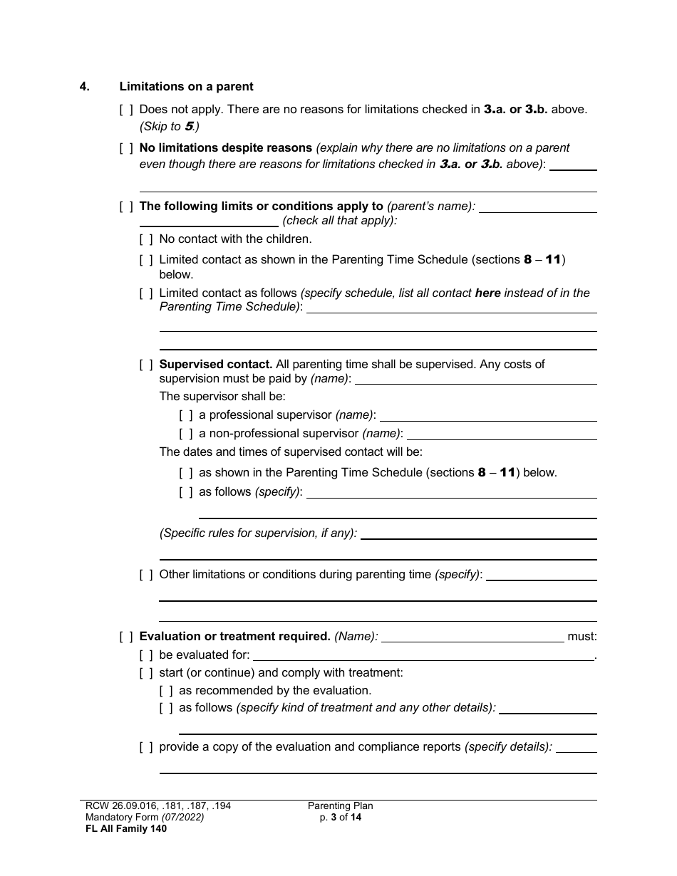 Form FL All Family140 Download Printable PDF or Fill Online Parenting Plan, Washington 2017