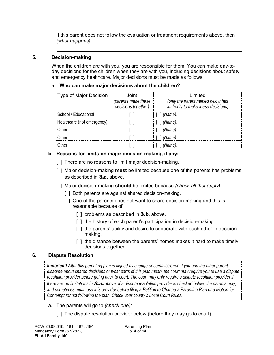 Form FL All Family140 Parenting Plan - Washington, Page 4