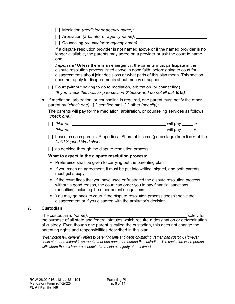 Form FL All Family140 Parenting Plan - Washington, Page 5