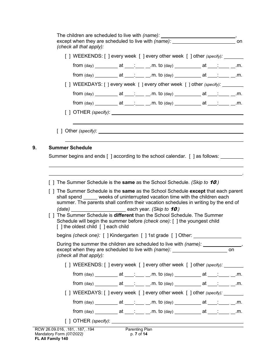Form FL All Family140 Download Printable PDF or Fill Online Parenting Plan, Washington 2017