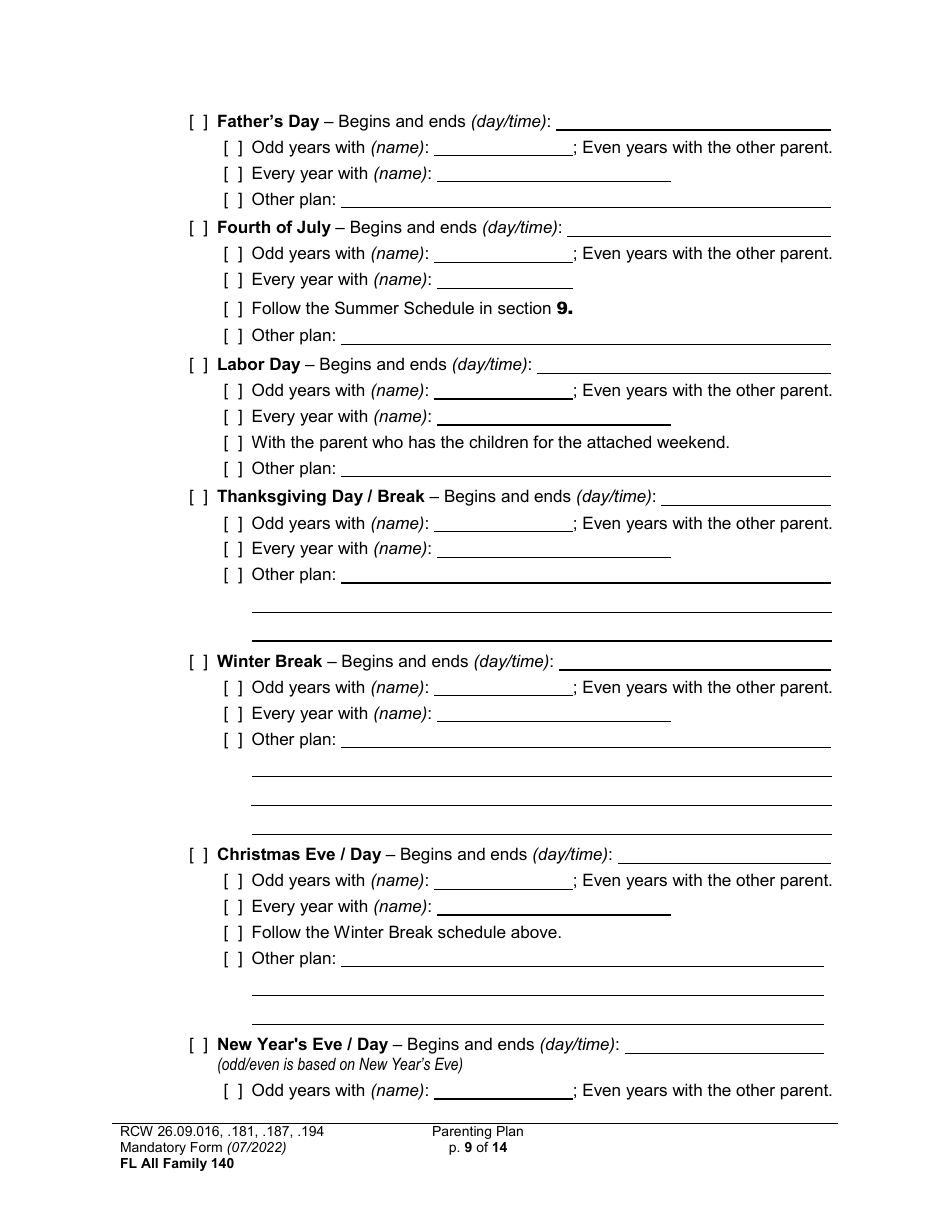 Form FL All Family140 Parenting Plan - Washington, Page 9
