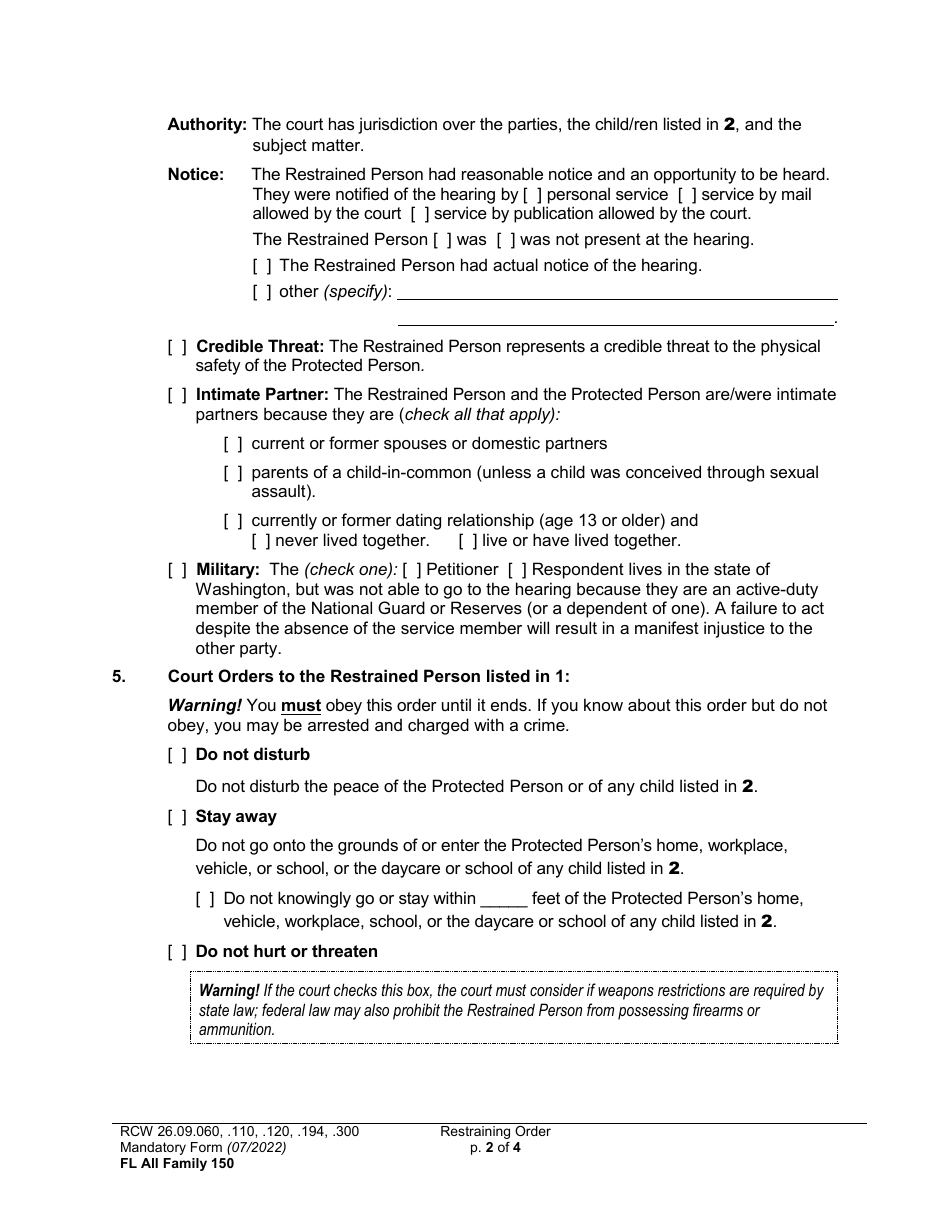 Form FL All Family150 Restraining Order - Washington, Page 2