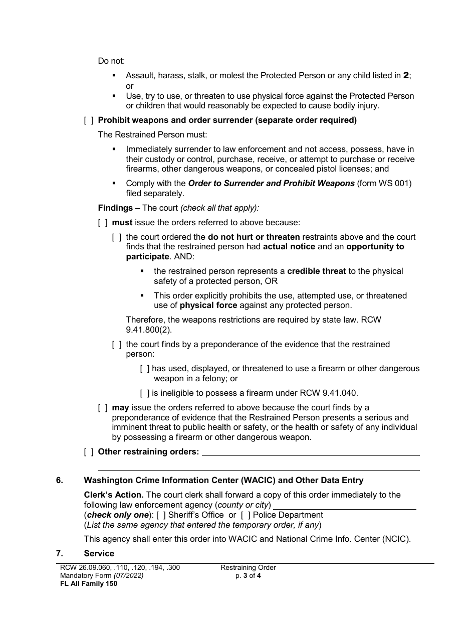 Form FL All Family150 Restraining Order - Washington, Page 3