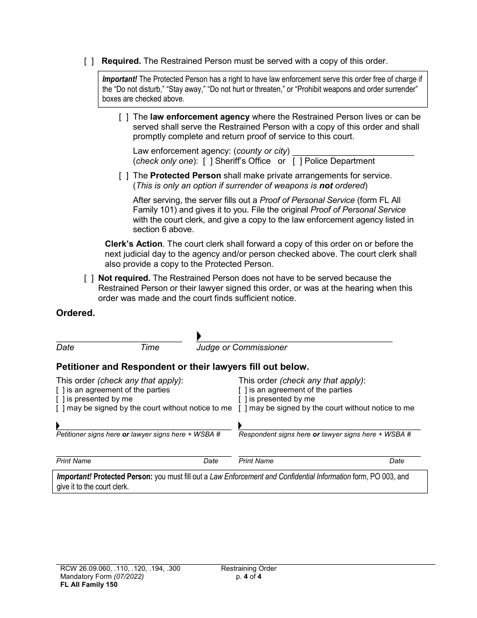 Form FL All Family150 Restraining Order - Washington, Page 4