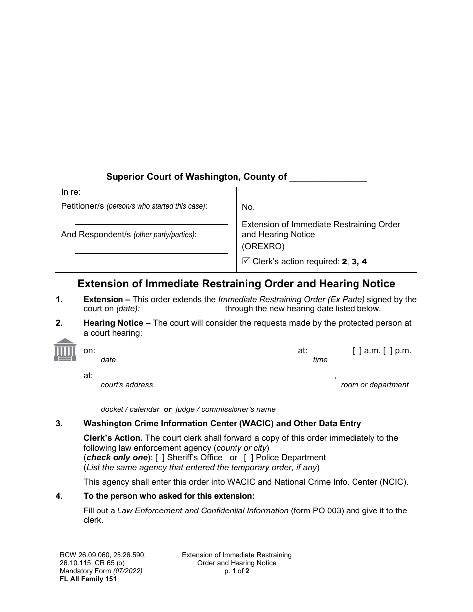 Form FL All Family151 Extension of Immediate Restraining Order and Hearing Notice - Washington, Page 1