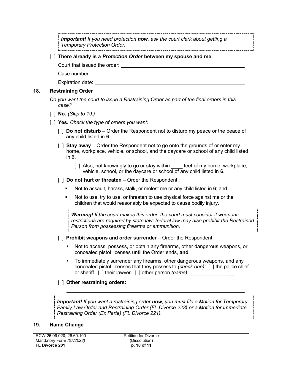 Form FL Divorce201 Petition for Divorce (Dissolution) - Washington, Page 10