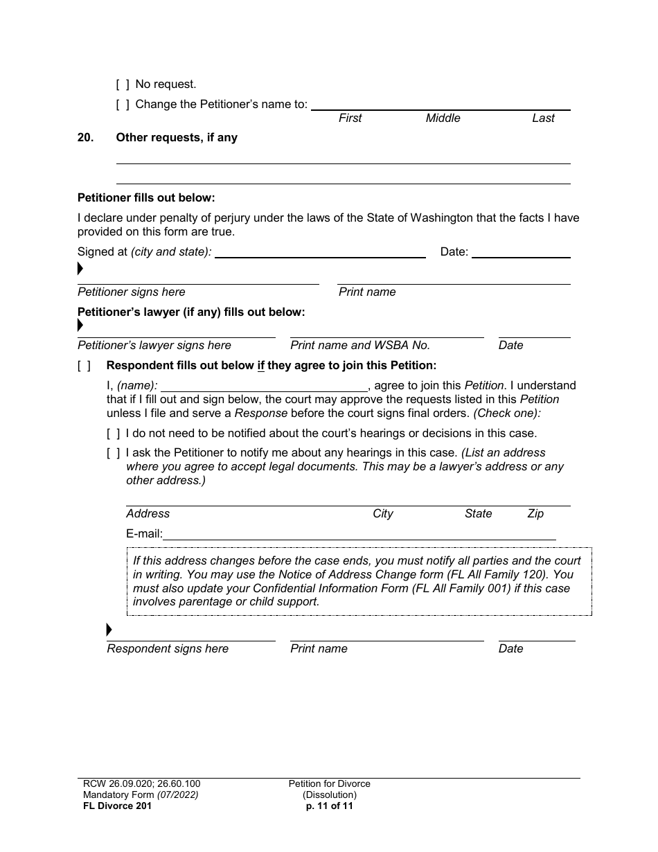 Form FL Divorce201 Petition for Divorce (Dissolution) - Washington, Page 11