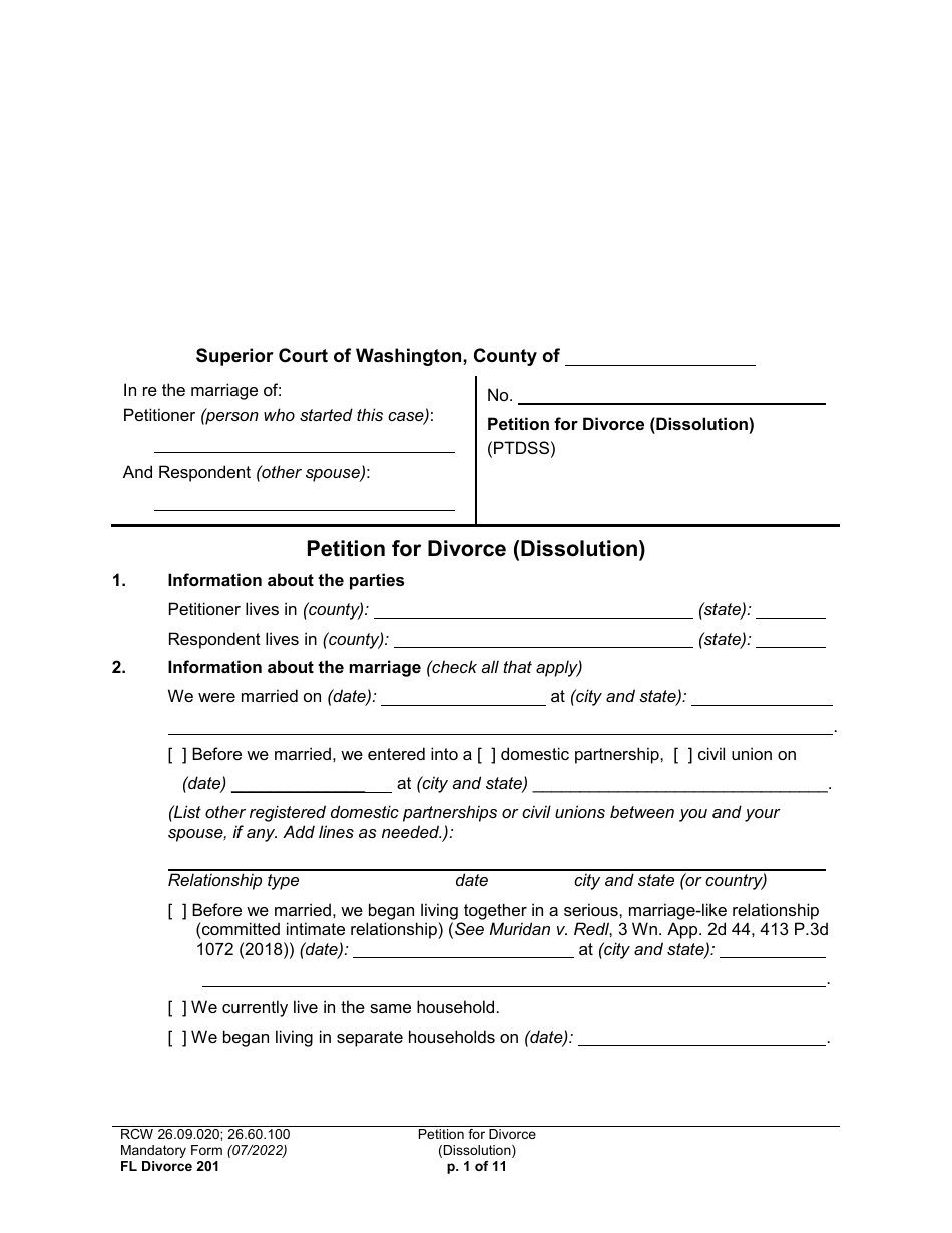 Form FL Divorce201 Petition for Divorce (Dissolution) - Washington, Page 1