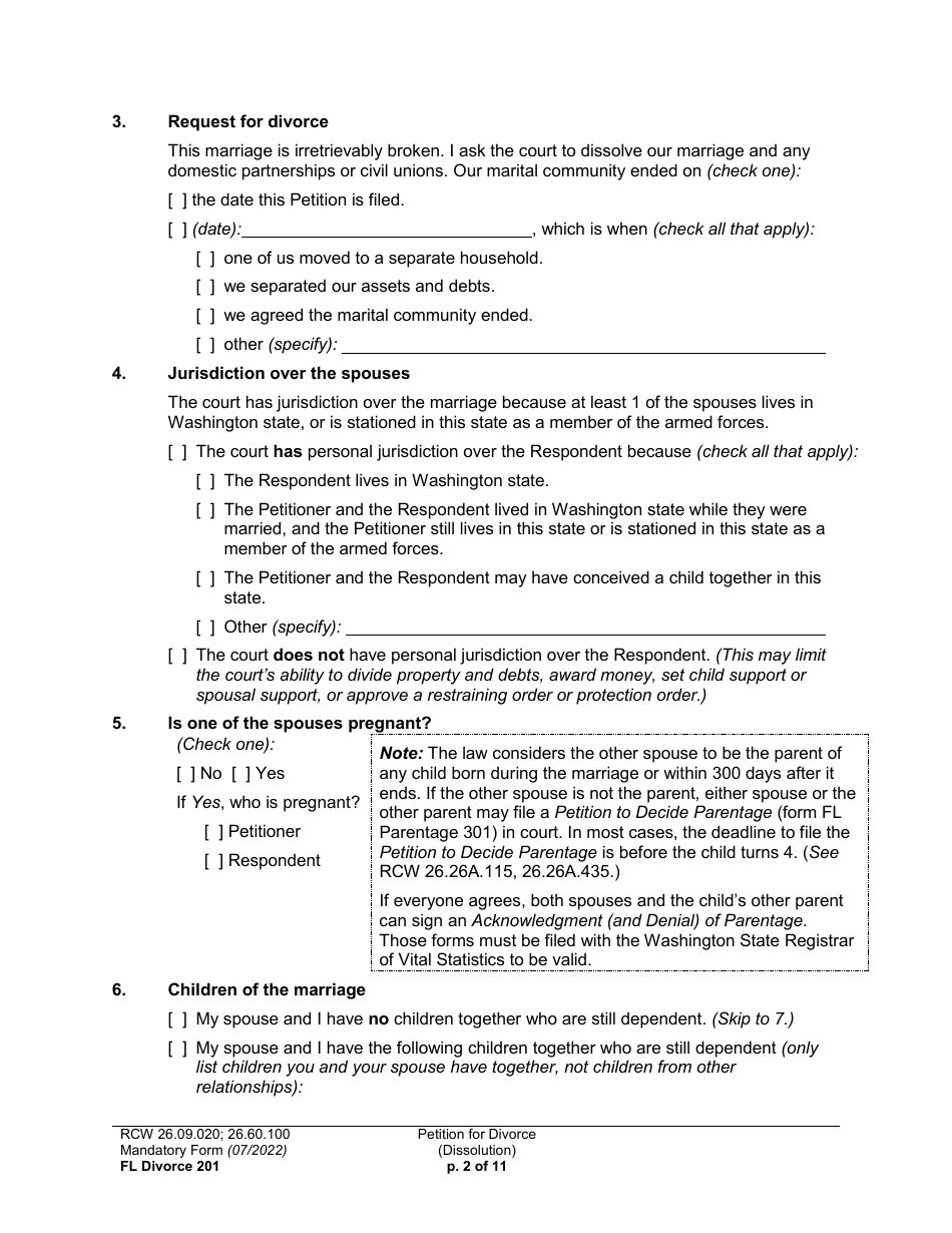 Form FL Divorce201 Petition for Divorce (Dissolution) - Washington, Page 2