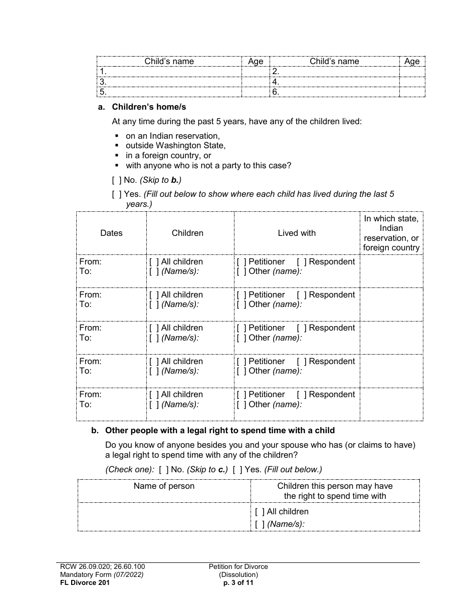 Form FL Divorce201 Petition for Divorce (Dissolution) - Washington, Page 3