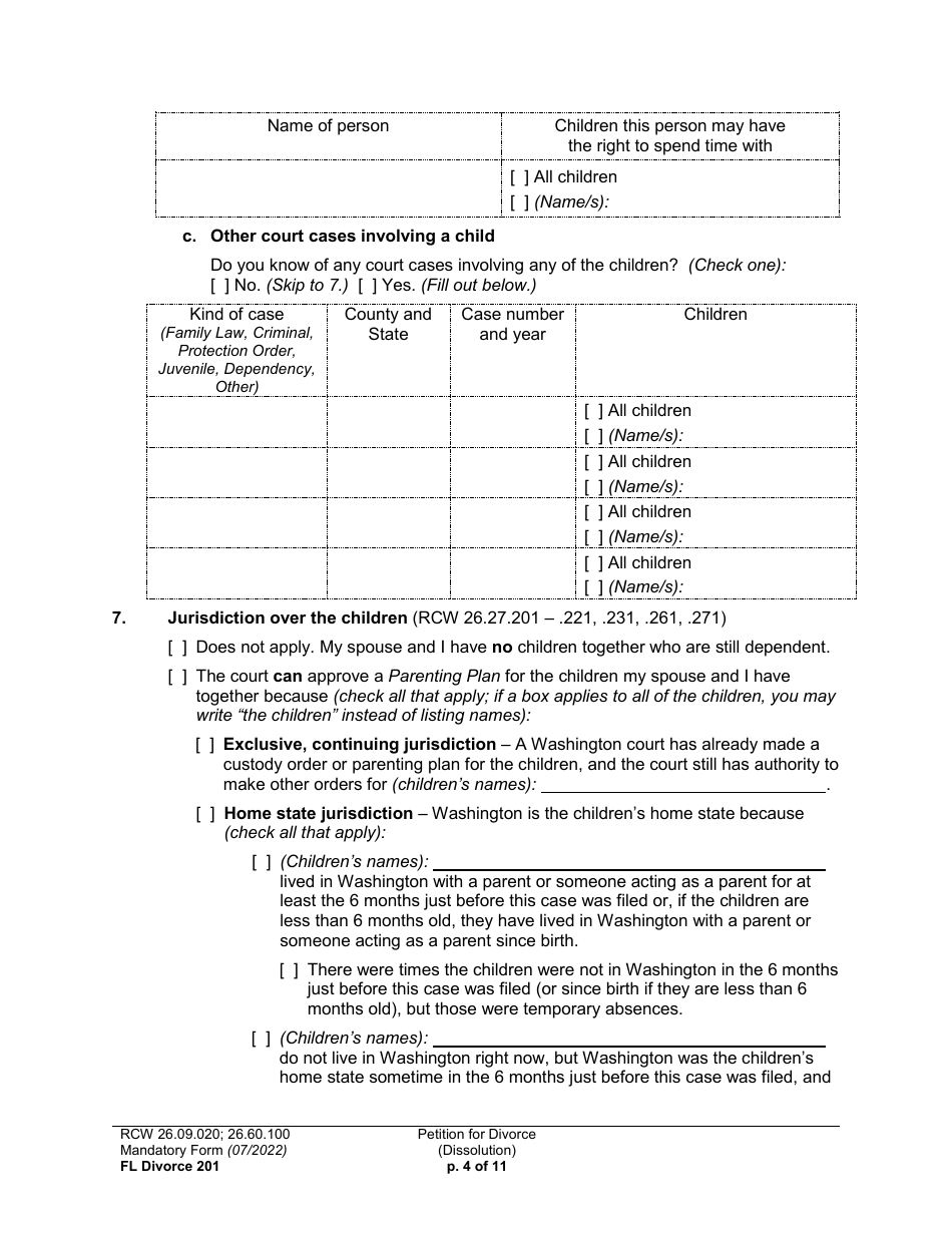 Form FL Divorce201 Petition for Divorce (Dissolution) - Washington, Page 4