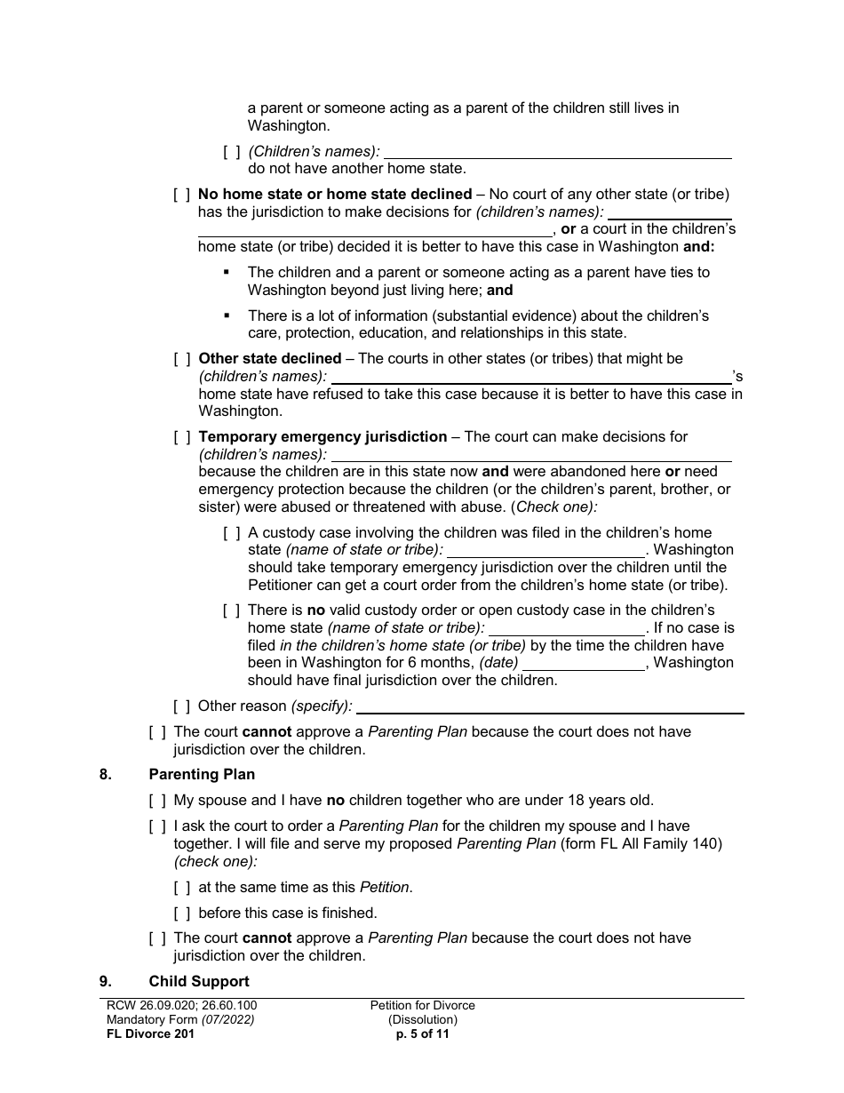Form FL Divorce201 Petition for Divorce (Dissolution) - Washington, Page 5
