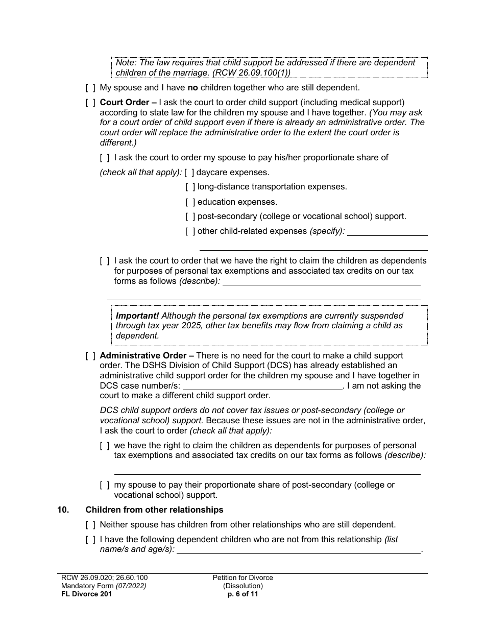 Form FL Divorce201 Petition for Divorce (Dissolution) - Washington, Page 6