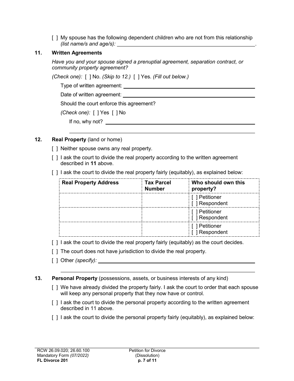 Form FL Divorce201 Petition for Divorce (Dissolution) - Washington, Page 7