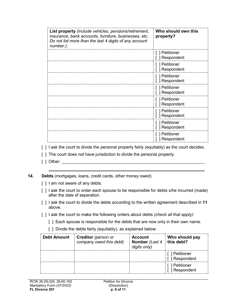 Form FL Divorce201 Petition for Divorce (Dissolution) - Washington, Page 8