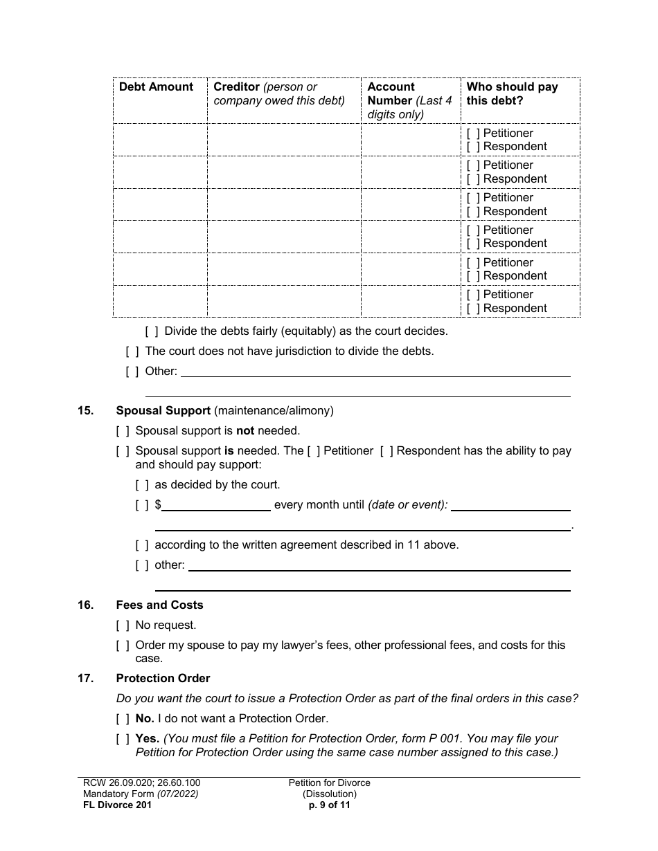 Form FL Divorce201 Petition for Divorce (Dissolution) - Washington, Page 9
