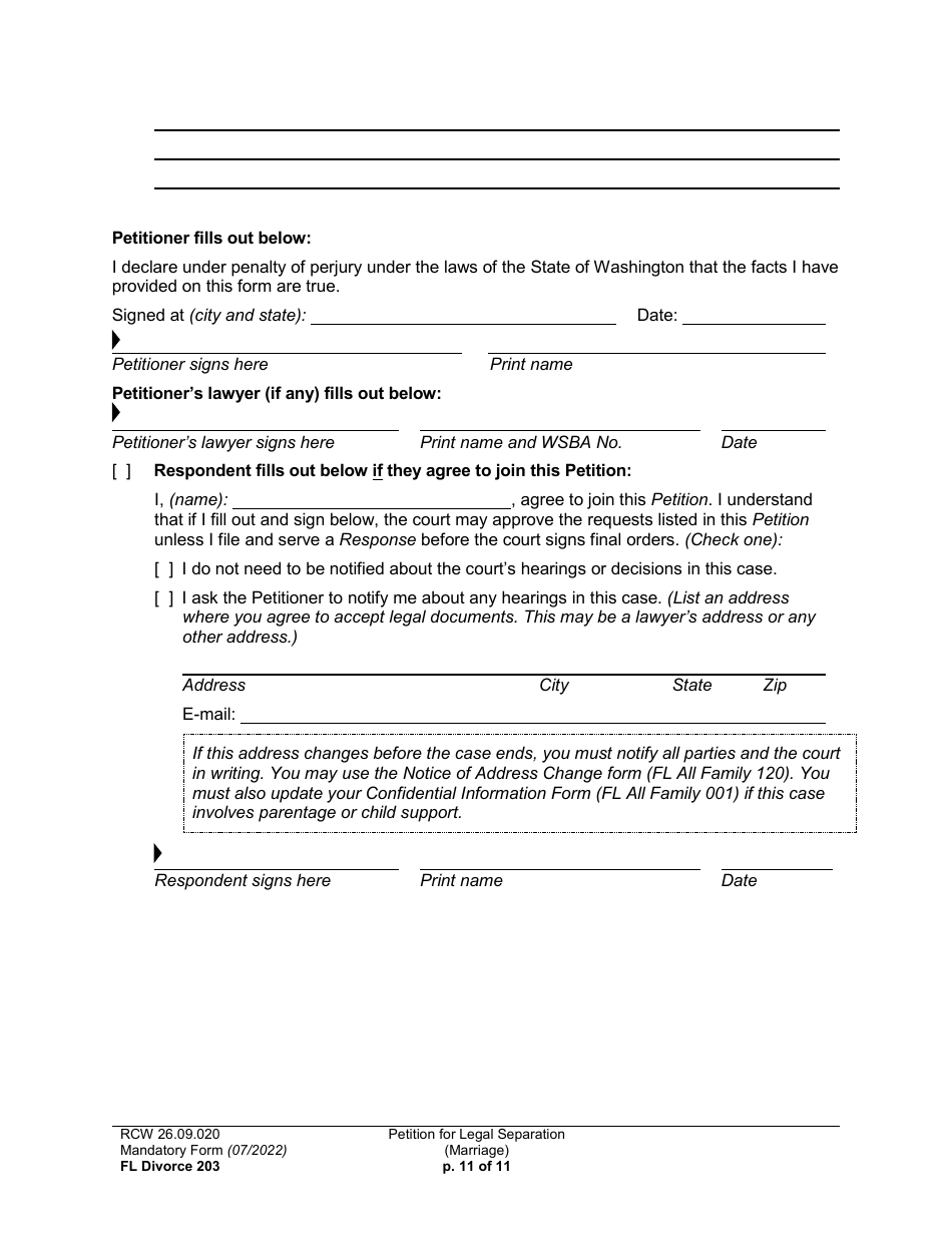 Form FL Divorce203 Petition for Legal Separation (Marriage) - Washington, Page 11
