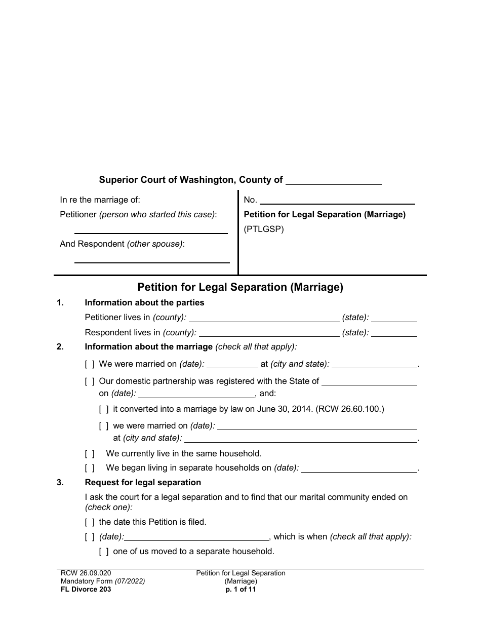 Form FL Divorce203 Petition for Legal Separation (Marriage) - Washington, Page 1